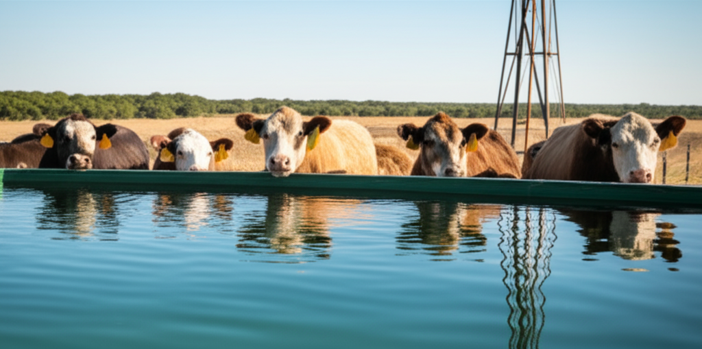 Cattle drinking from clean water tank